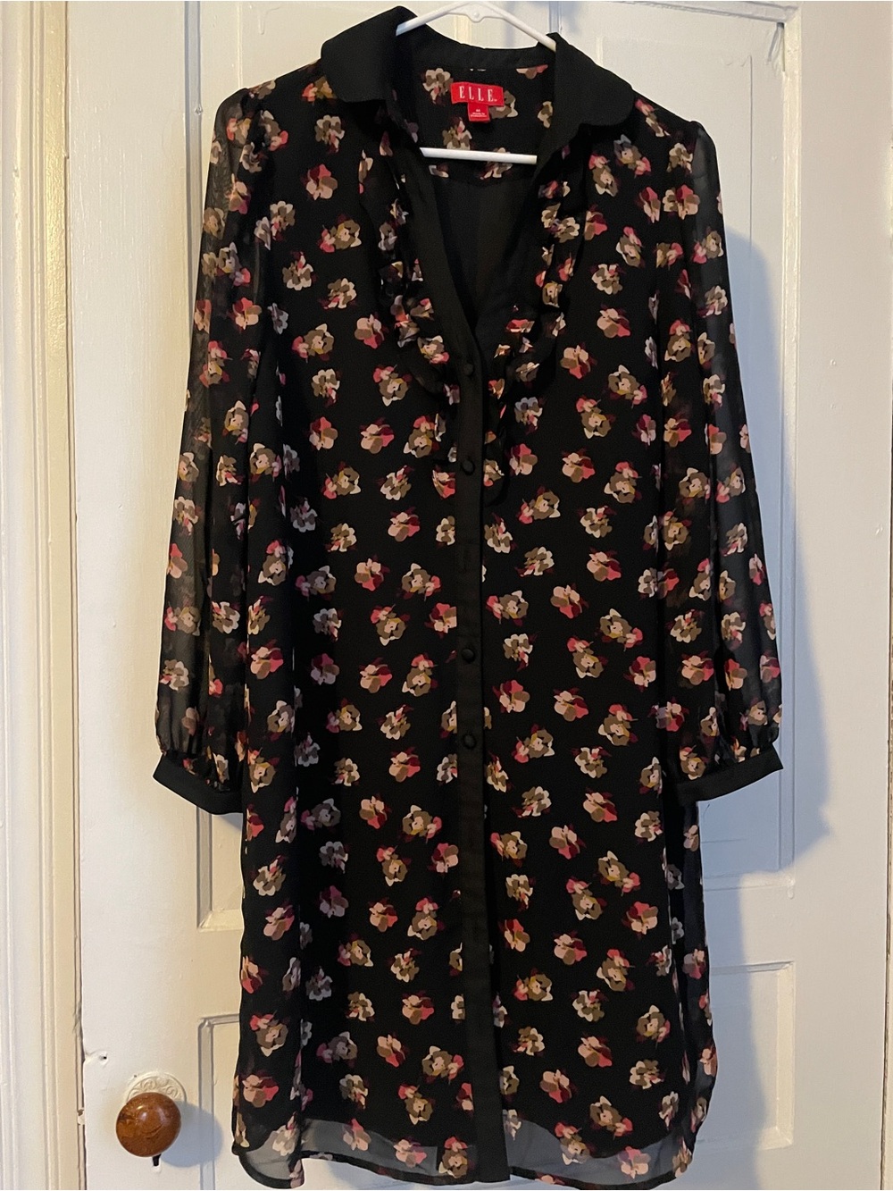 Elle Black Sheer Floral Button-Up Tunic Dress with Pink and Cream Blooms size M